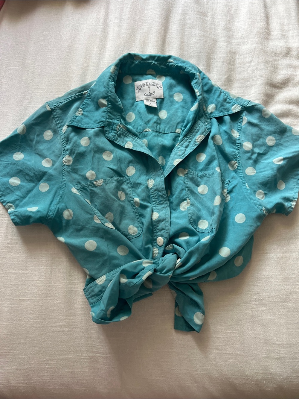 Vintage 100% silk blue polkadot button up shirt